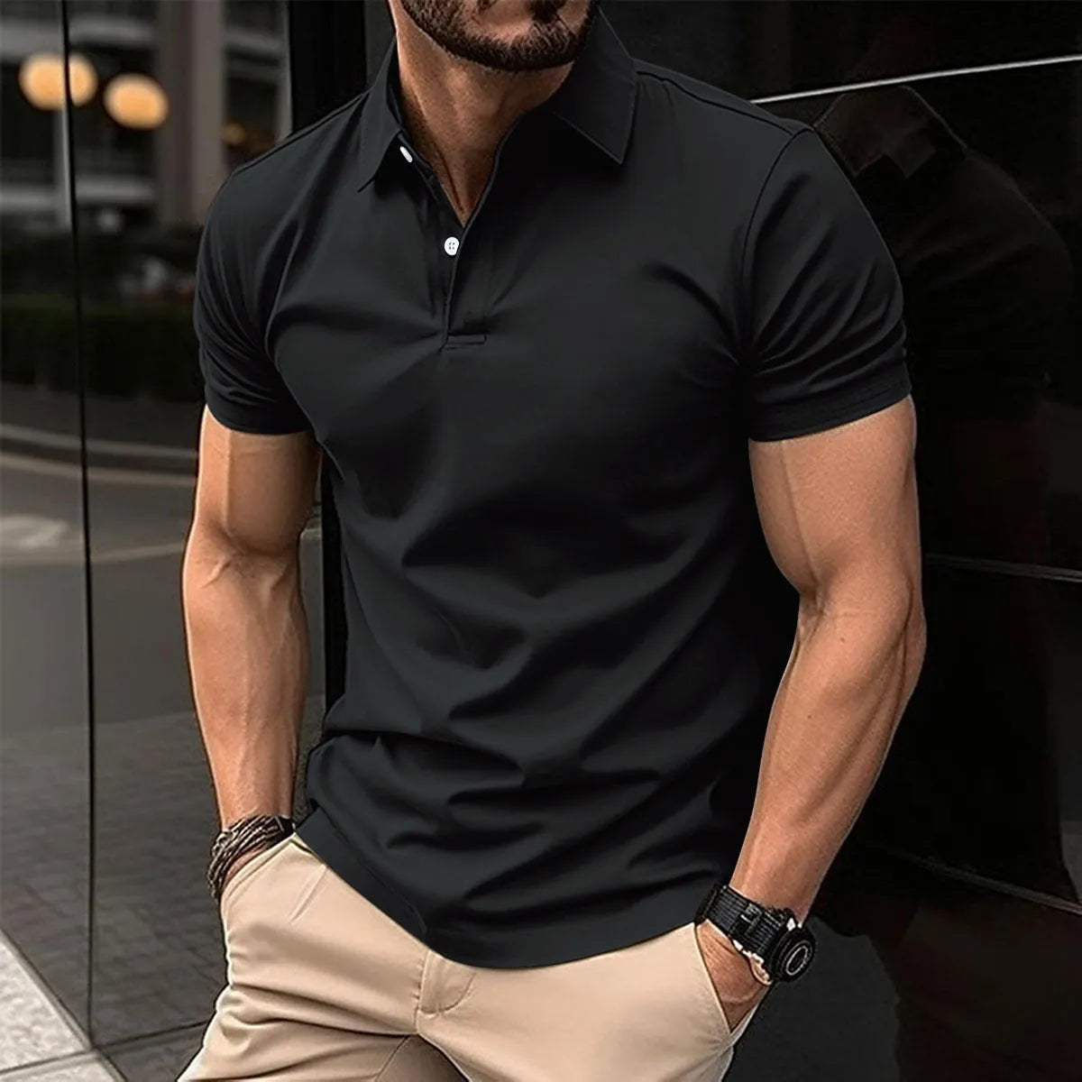 Men's solid colour short sleeve polo shirt with button lapel in a regular fit.