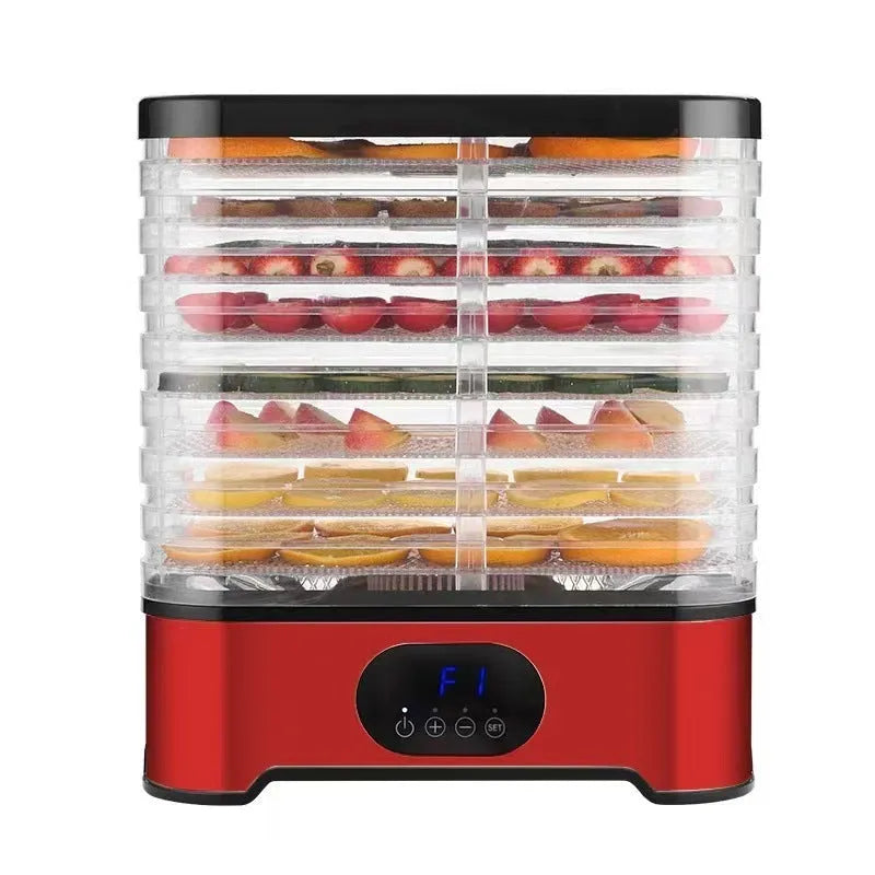 Silver household food dehydrator with 8 drying trays showing expanded height configuration