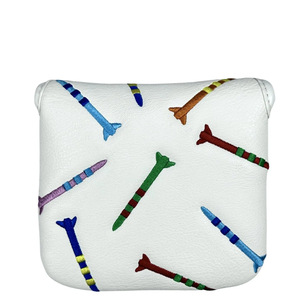 Square black golf putter protective sleeve with a white rocket pattern design.