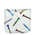 Square black golf putter protective sleeve with a white rocket pattern design.