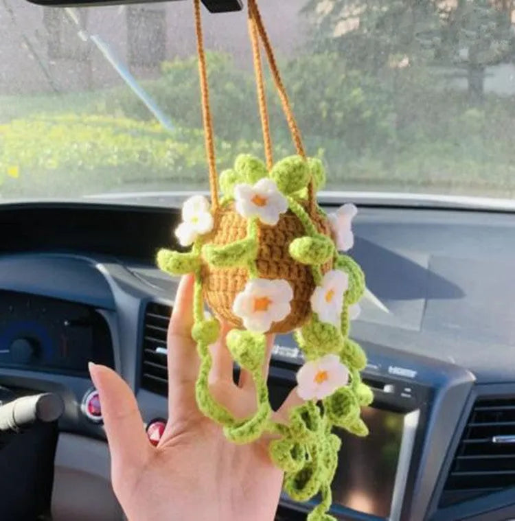 Green and white knitted car plant ornament with hanging rope for dashboard or mirror decoration