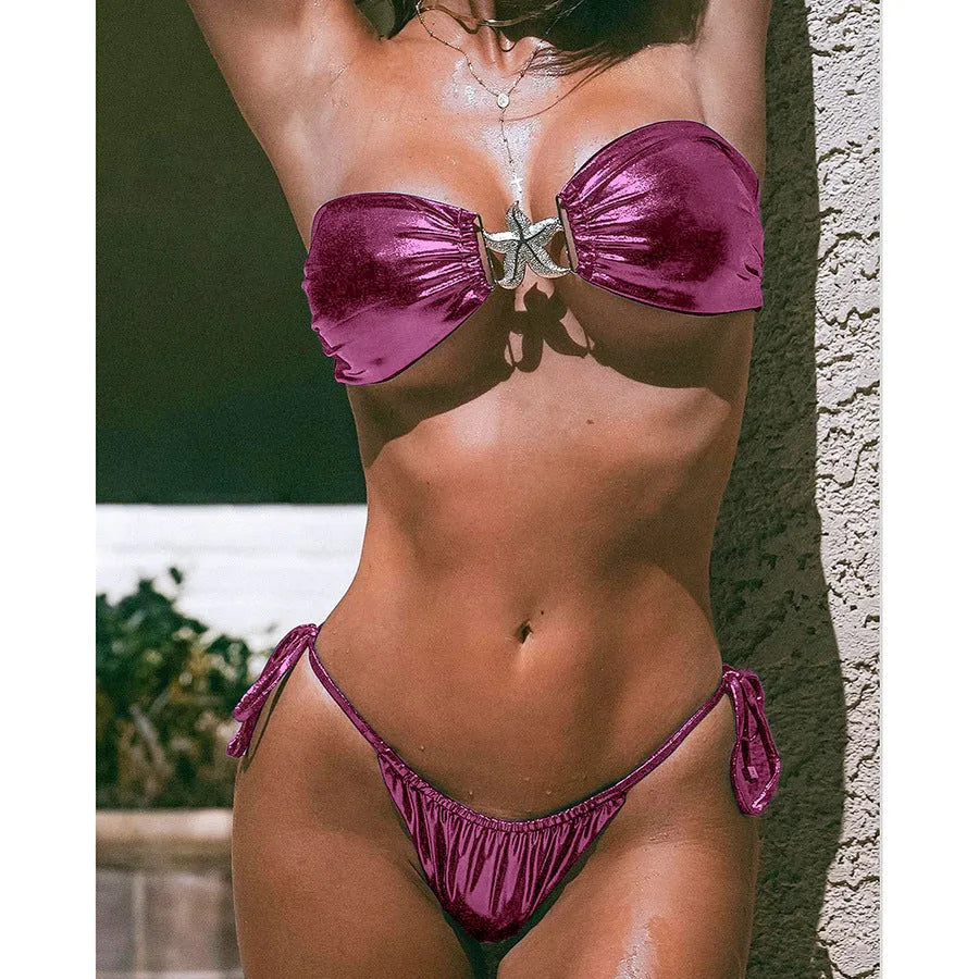 Glossy tube top split bikini with gold starfish print in sapphire blue.