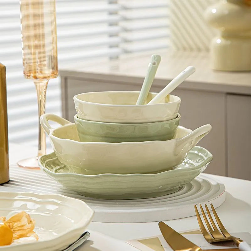 Seven-piece ceramic tableware set in solid colour with modern Japanese style design