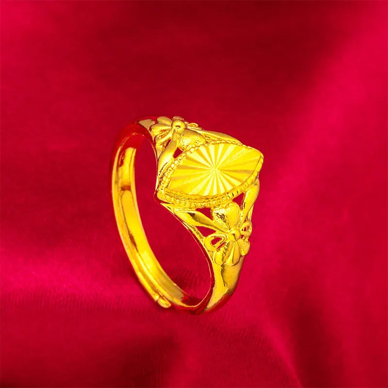 Women's gold electroplated brass ring with open diamond flower geometric texture design