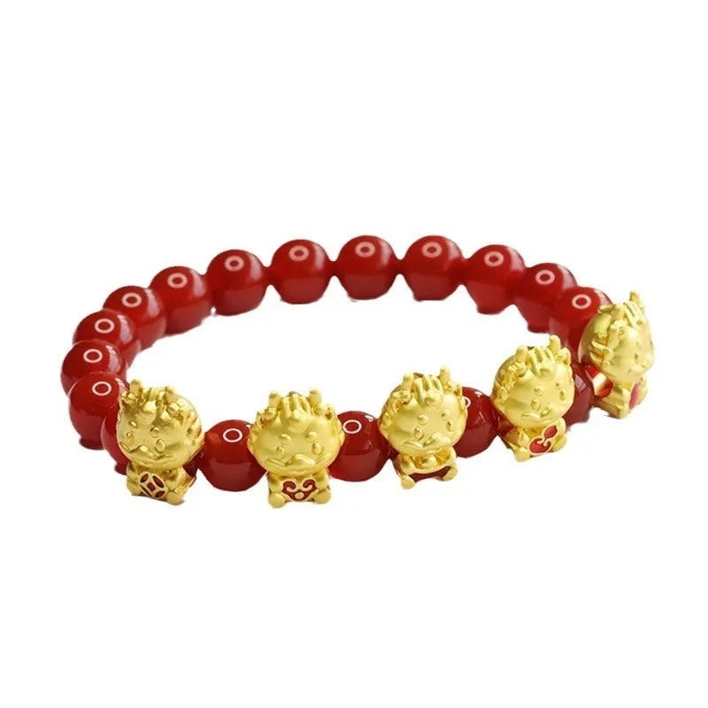 Red agate bracelet with five blessing dragon charm, Chinese cultural jewellery