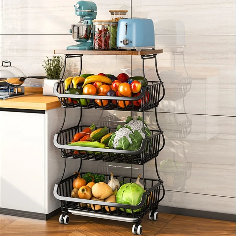 Black six-tier metal kitchen storage trolley with wheels on a wooden floor.