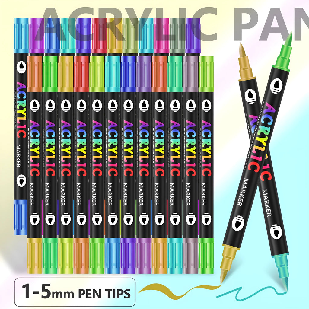 Set of double-headed acrylic marker pens showing fine and broad tips, in assorted opaque colours.