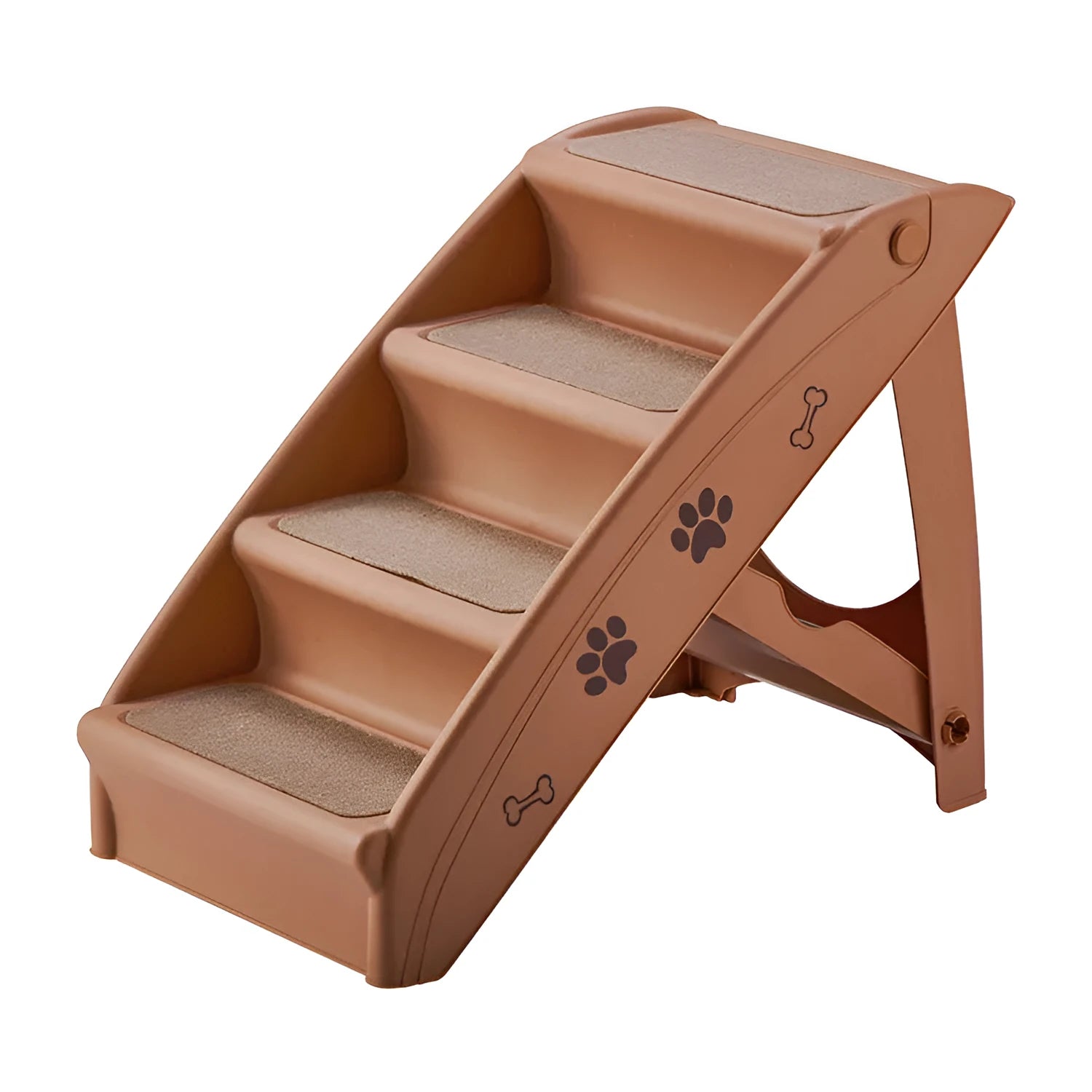 Foldable plastic pet ladder steps for small dogs and cats on a beige carpet.