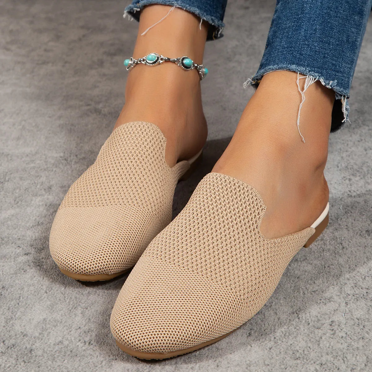 Adult casual mesh sandals in apricot, blue, and green with cloth upper and rubber sole.