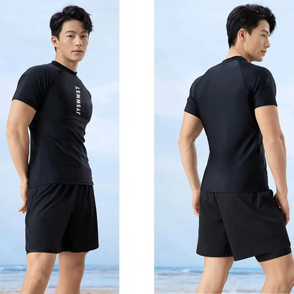 Men's plus size swimming trunks and top set in polyester fabric with pattern design