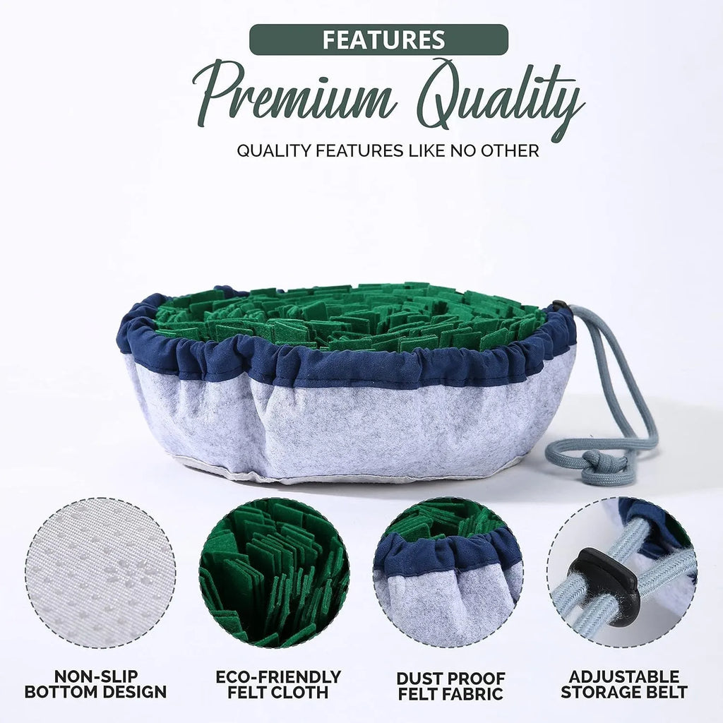 Adjustable blue and green dog snuffle mat for puzzle feeding and mental stimulation