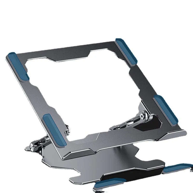 Grey adjustable aluminium laptop stand in folded and open positions on a desk.