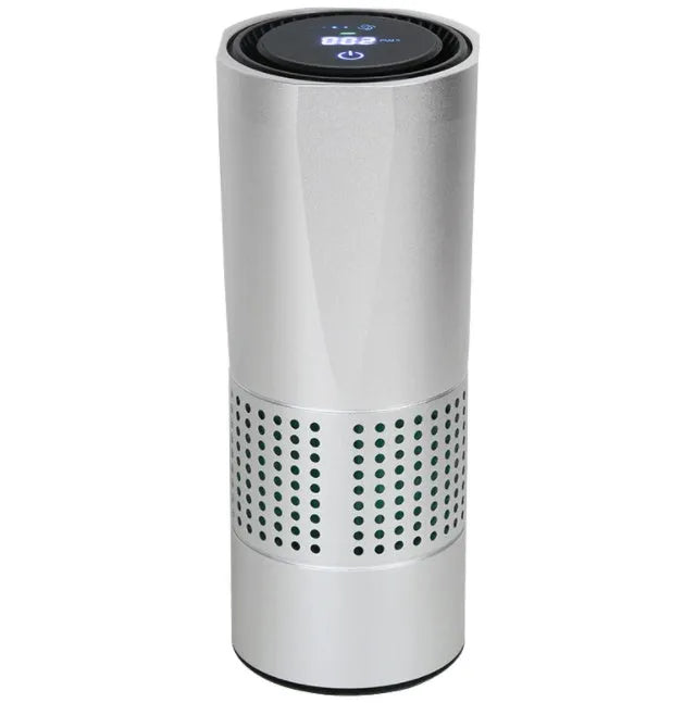 Aluminium alloy car air purifier with display screen and USB cable for 7-seat vehicles.