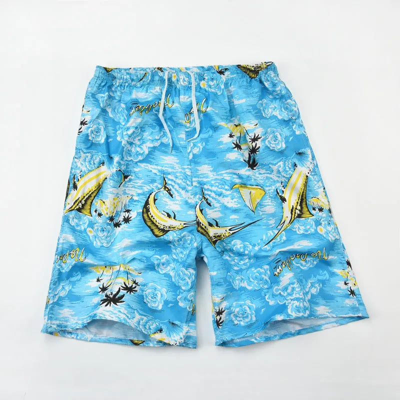 Men's floral print five-point swimming trunks in polyester fabric for pool and beach use