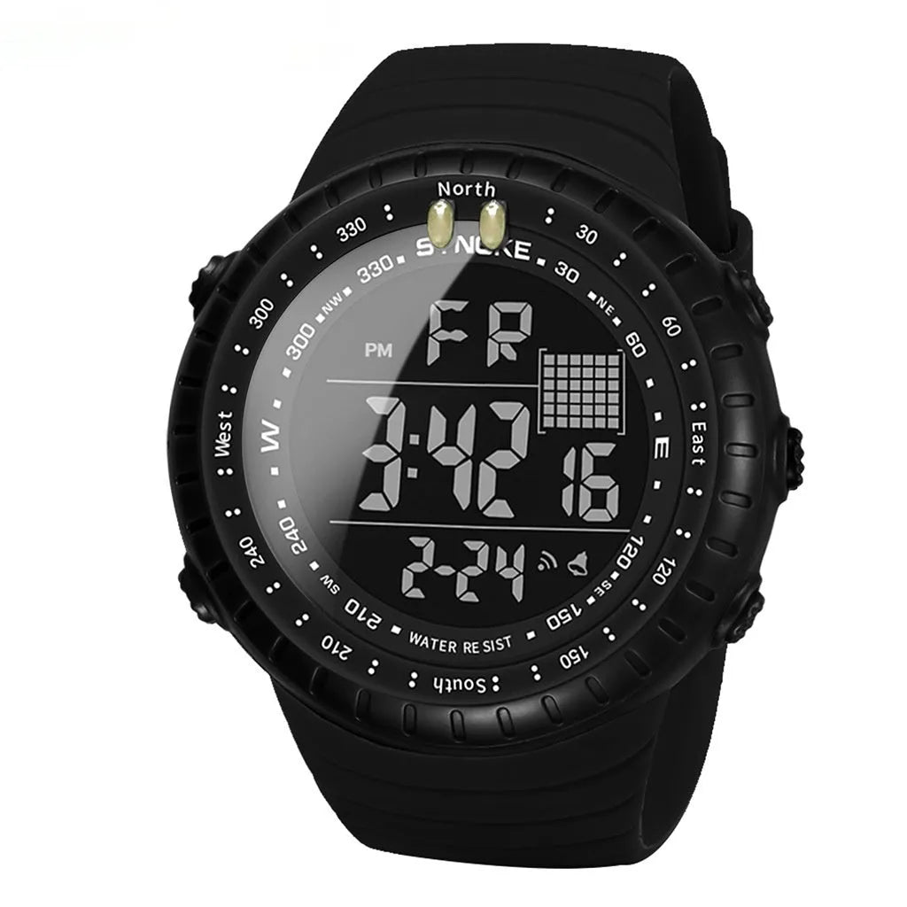 Black men's outdoor electronic watch with large dial on an adjustable PU strap.