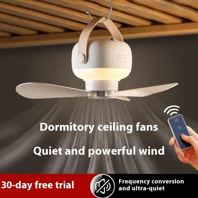 Rechargeable camping tent ceiling fan with remote control and night light on a 3-metre wire bracket.