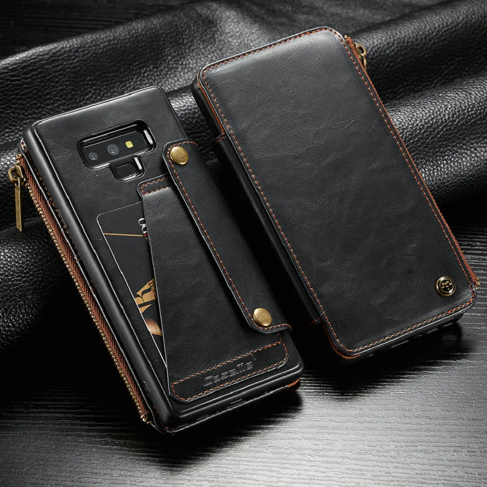 Black PU leather flip phone case for Samsung Galaxy Note9 showing card slots and magnetic closure.