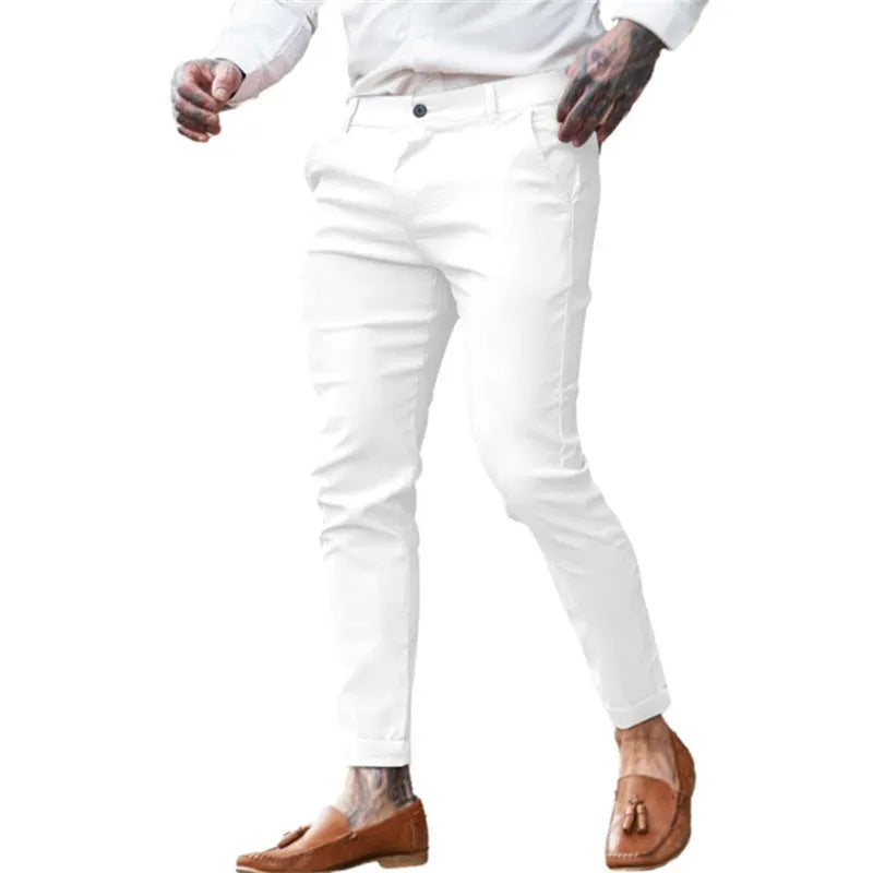Men's slim fit pencil trousers in stretch cotton twill available in multiple colours