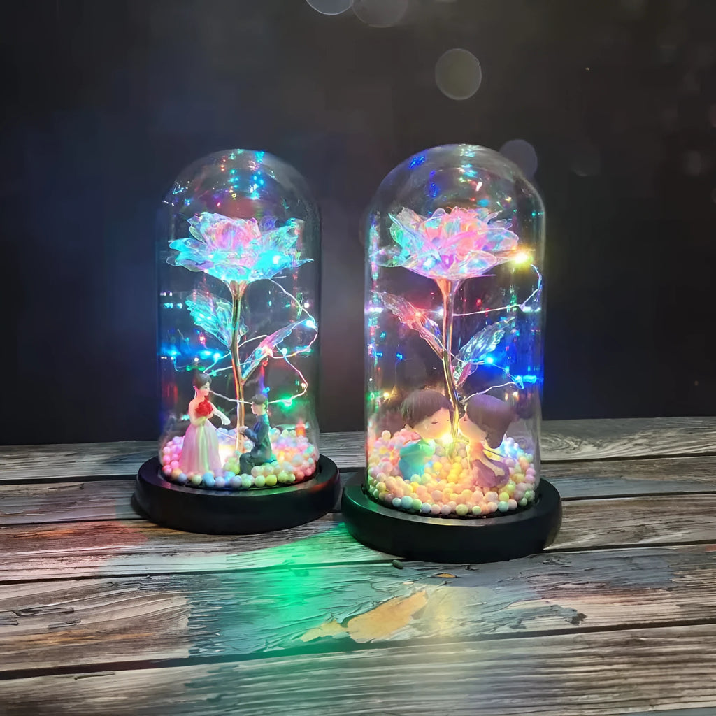 Glass dome eternal rose ornament with LED lights and gold flower for wedding or home decoration