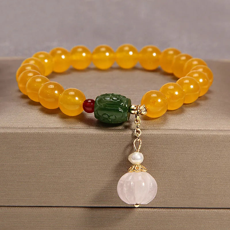 Khaki yellow agate crystal bracelet for women with gold silk threading