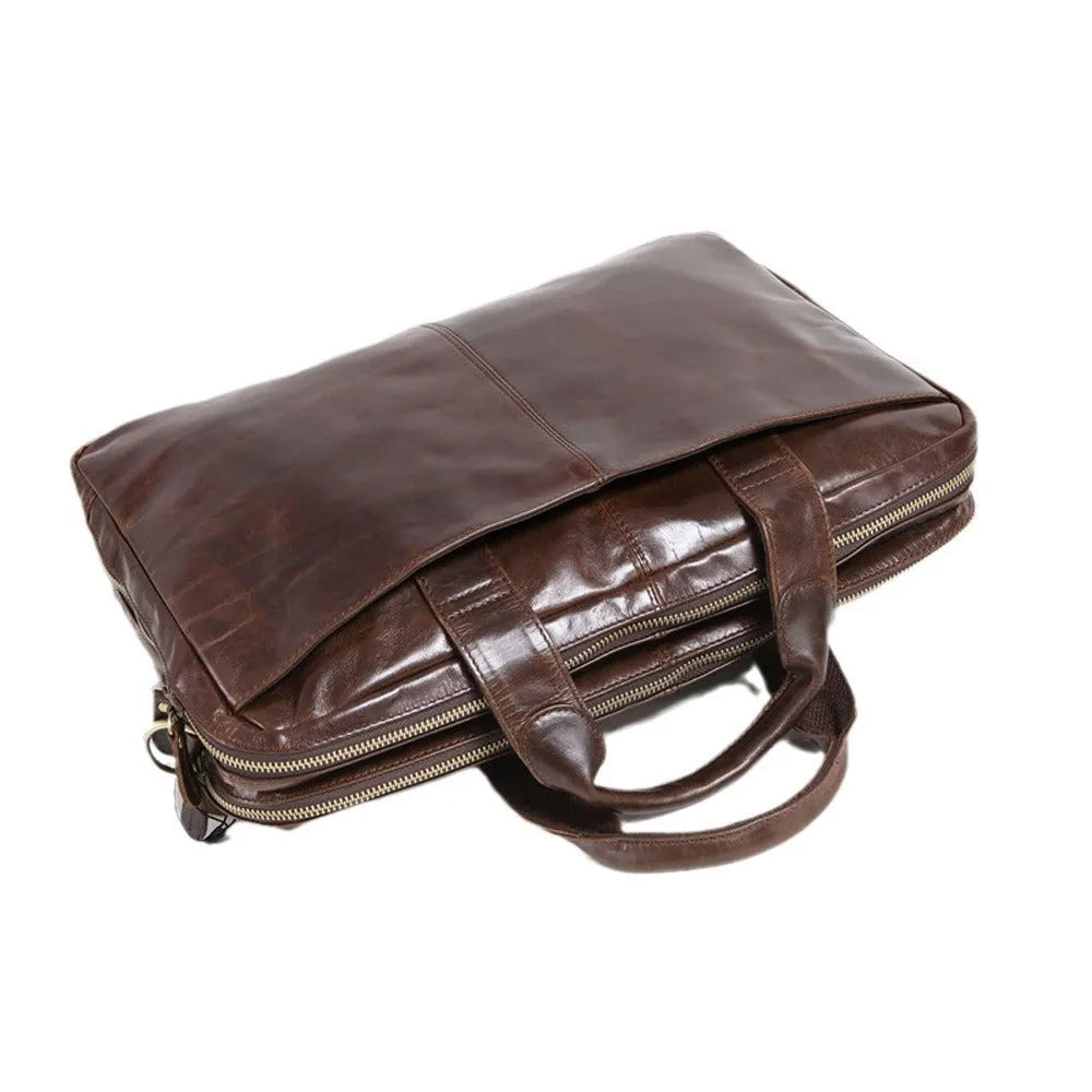 Brown leather men's business briefcase with 18-inch dimensions for laptop carrying