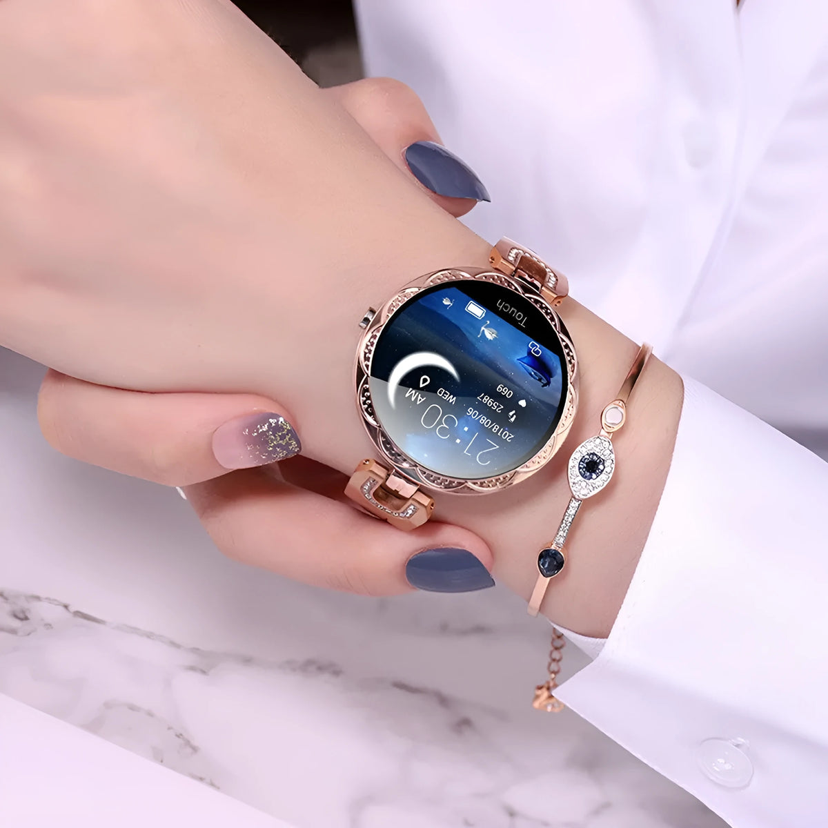 Women's IP67 waterproof smart watch, 38mm round dial, stainless steel strap, Rose Gold Silvery Violet colour options