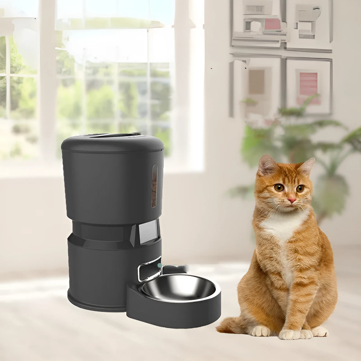 Automatic pet feeder for cats and dogs, 20x34x32.7cm, with food plate, power cord, adapter, and desiccant