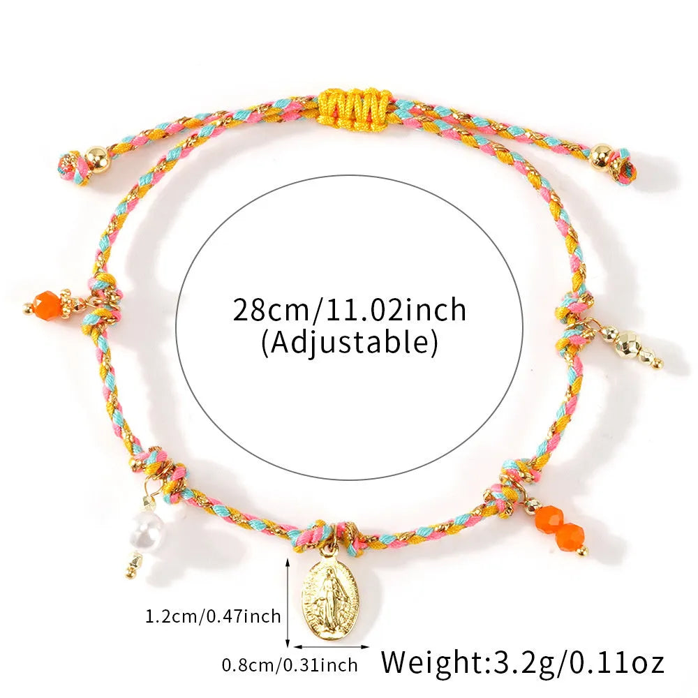 Colourful braided rope woven bracelet with ethnic style carrying strap tag design for women