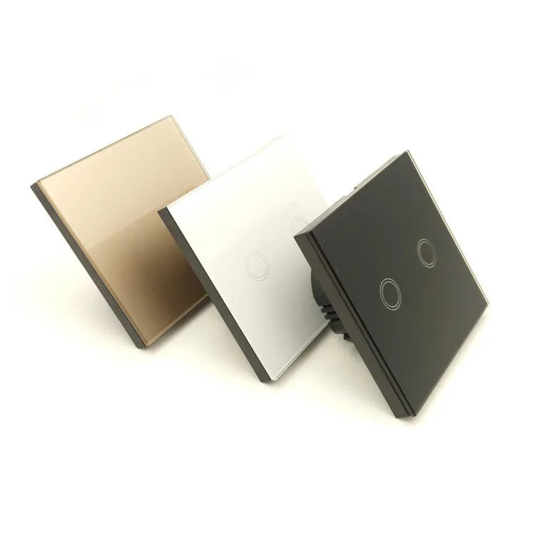 86 type touch switch with tempered glass panel in black, golden, and white colour options