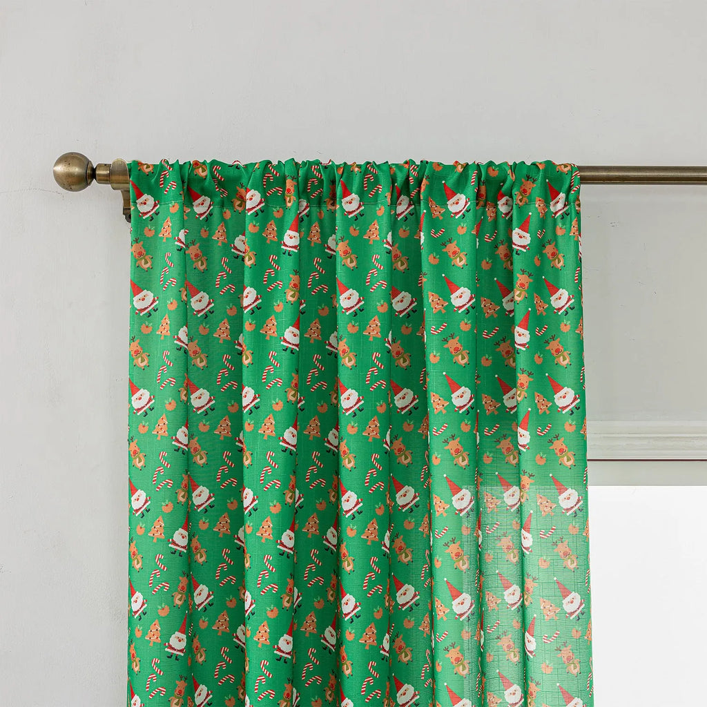 Green cloth curtain with printed cartoon snowman and angel Christmas pattern