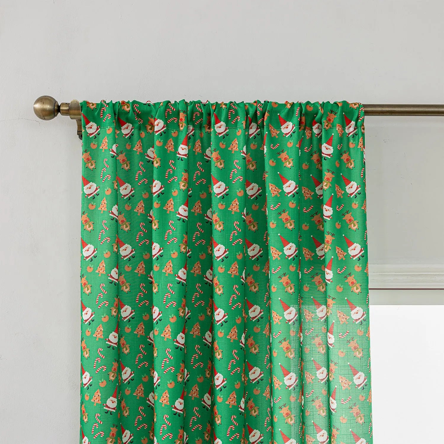 Green cloth curtain with printed cartoon snowman and angel Christmas pattern