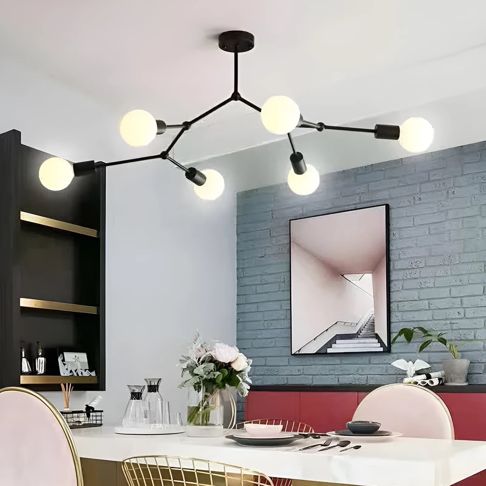 Nordic style iron chandelier ceiling lamp in black or white with multiple light heads.