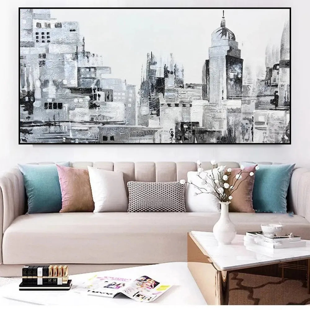 Handmade black and white abstract oil painting on canvas of urban street scene, rolled and frameless.