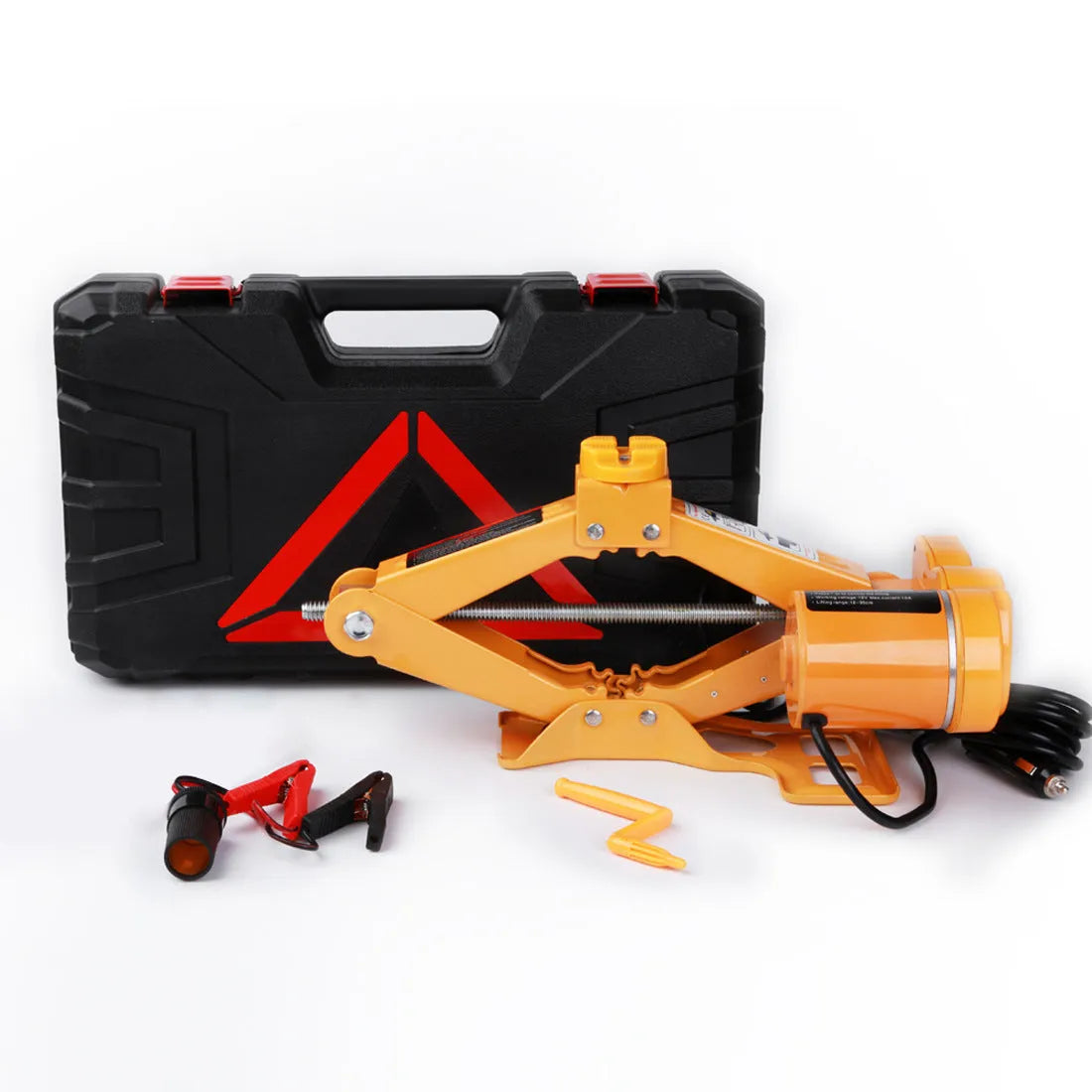 Vehicle-mounted electric hydraulic jack kit with a 2-tonne capacity on a grey background.