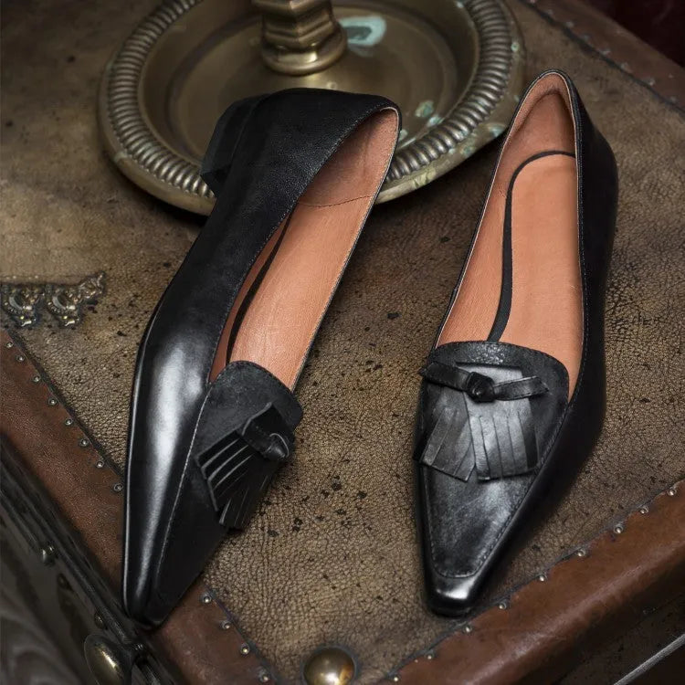 Cowhide retro women's flat loafers with pointed toe and tassel in black, light brown or wine red