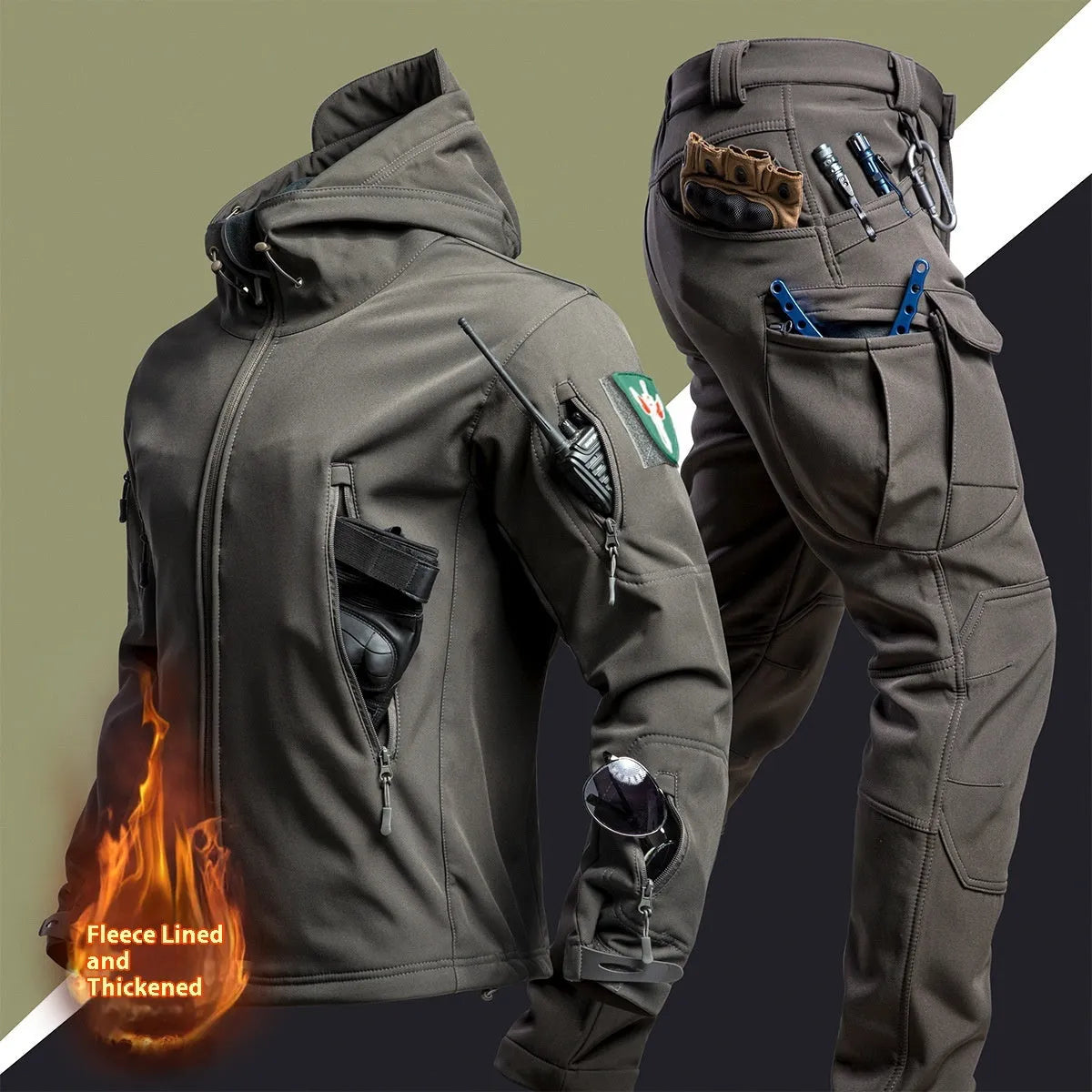 Camouflage winter shell jacket suit set for men with jacket and trousers, waterproof and windproof