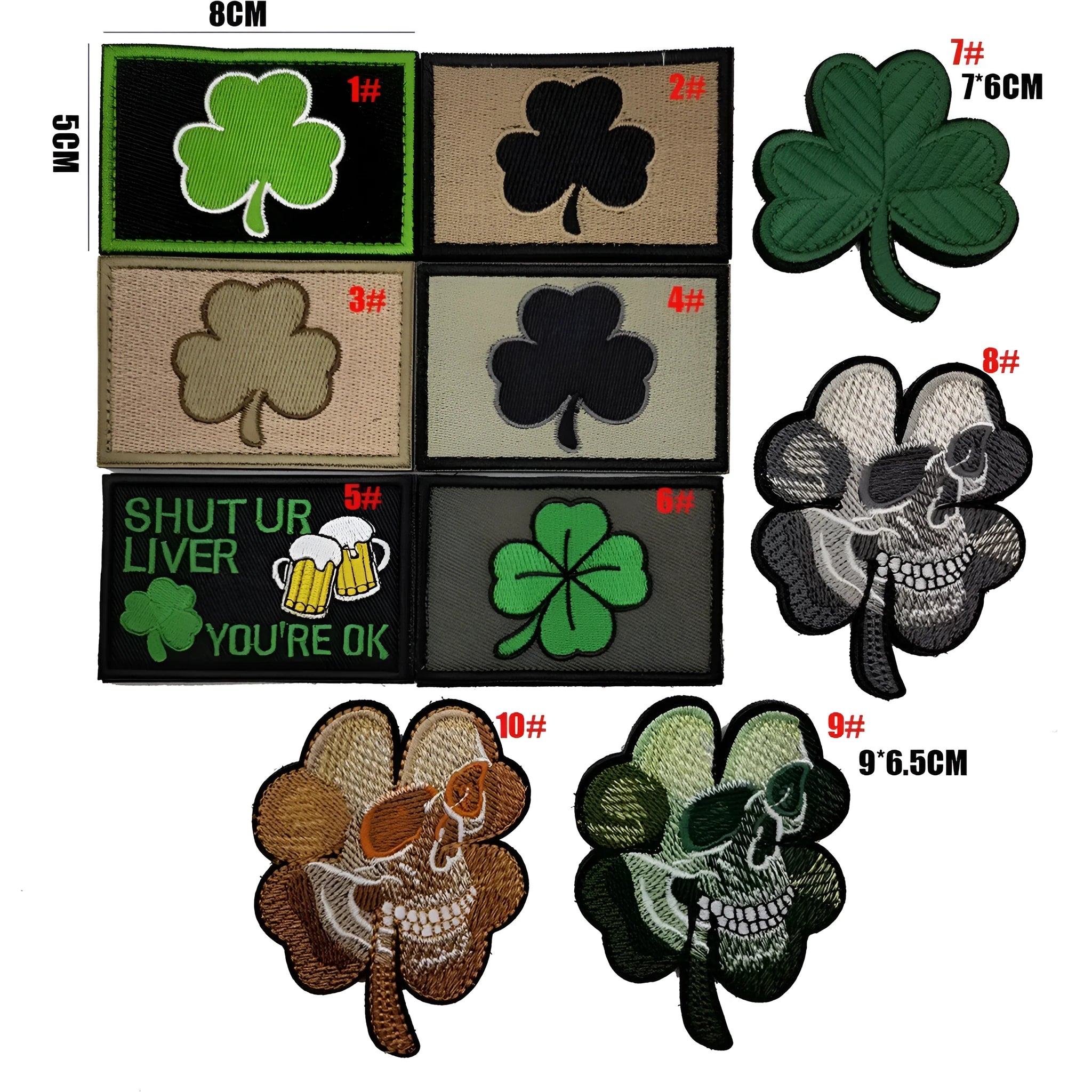 Embroidered fabric badge with Velcro backing showing military-style clover and skull flower designs