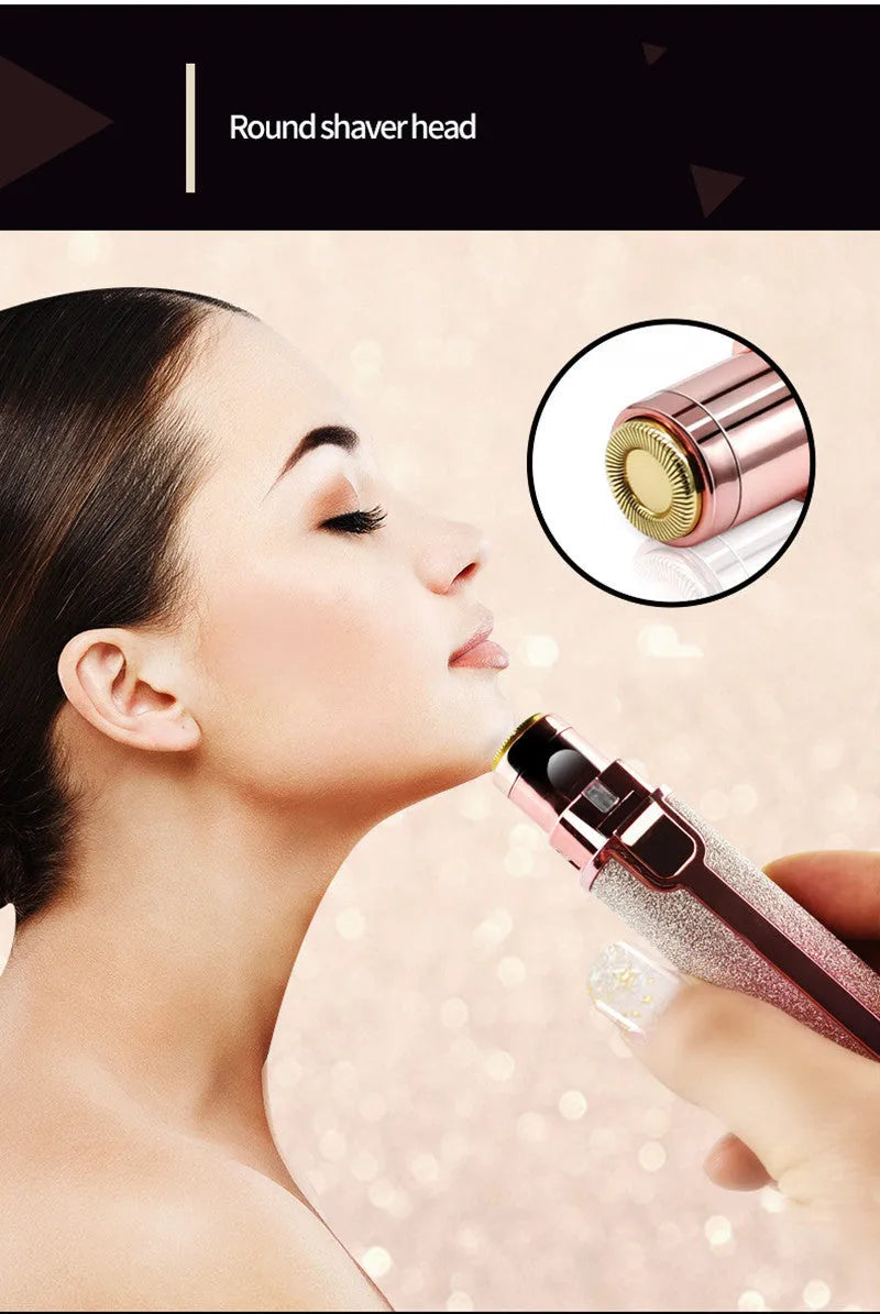 Lipstick shape electric eyebrow trimmer with gold plated head in Rainbow or Starry Sky colour, 2.5 x 2.5 x 12.5 cm.