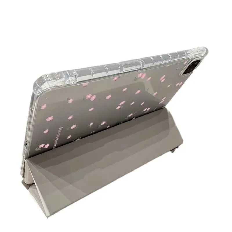 Transparent floral tri-fold iPad case with magnetic kickstand open in viewing position
