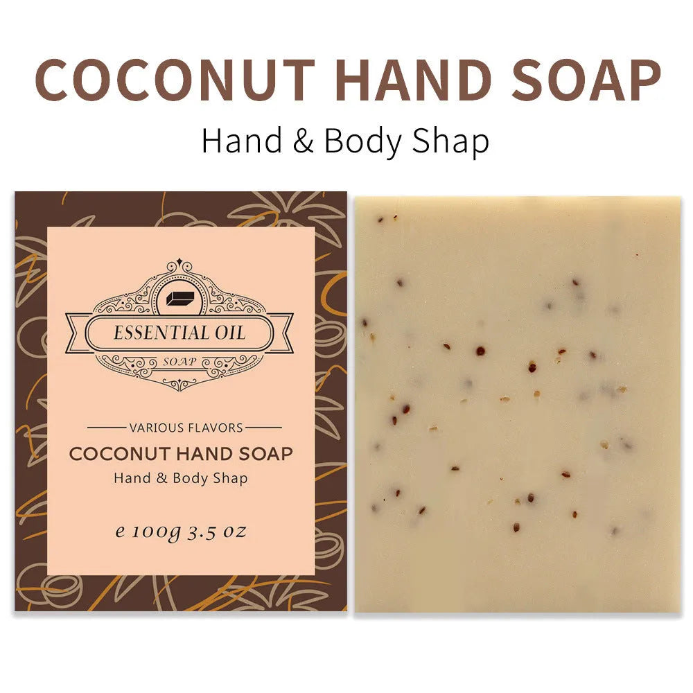 Handmade frosted essential oil soap bar on a bathroom surface, showing its textured finish.