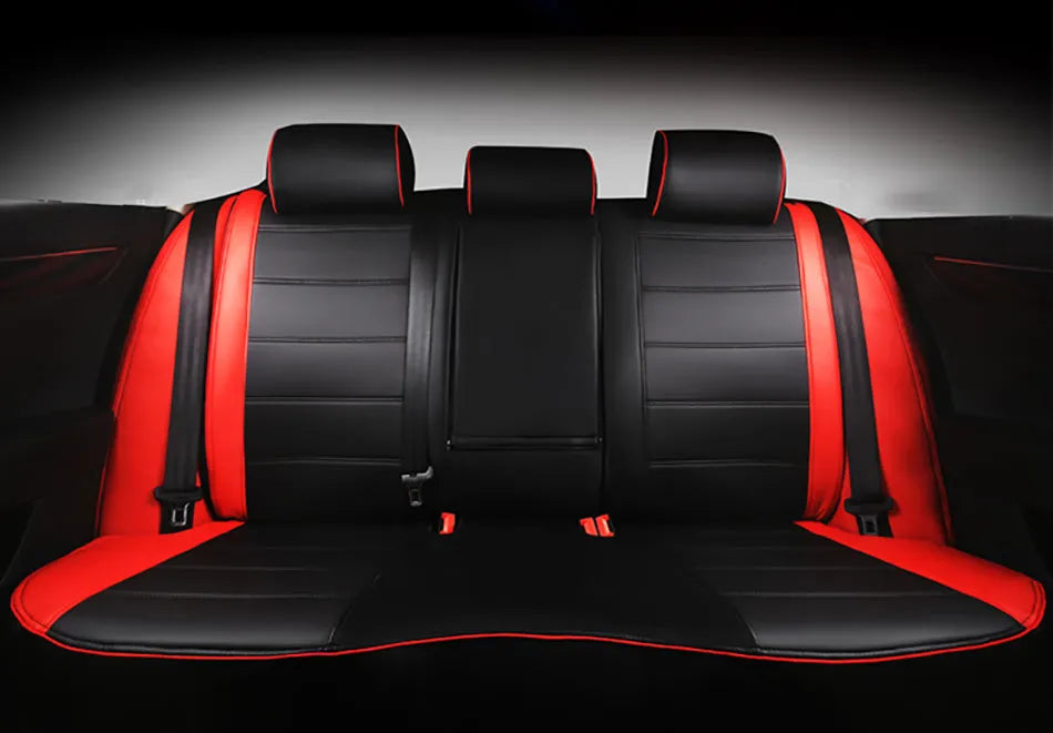 Cow leather car seat cover in a binding style, shown in beige and black with red colour variants.