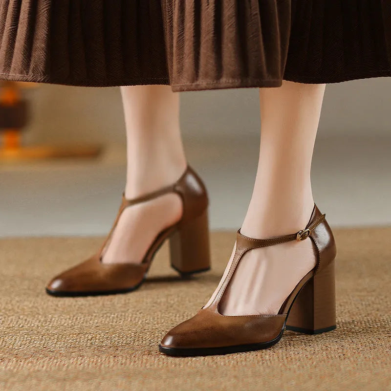 Baotou hollow women's retro pointed mary jane shoes in first layer cowhide with buckle.
