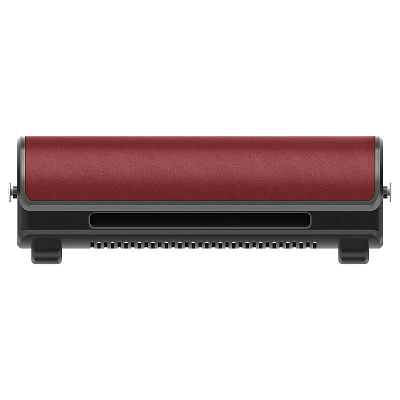 USB car fan for rear seats in black, brown, or red with a long cable on a car headrest.