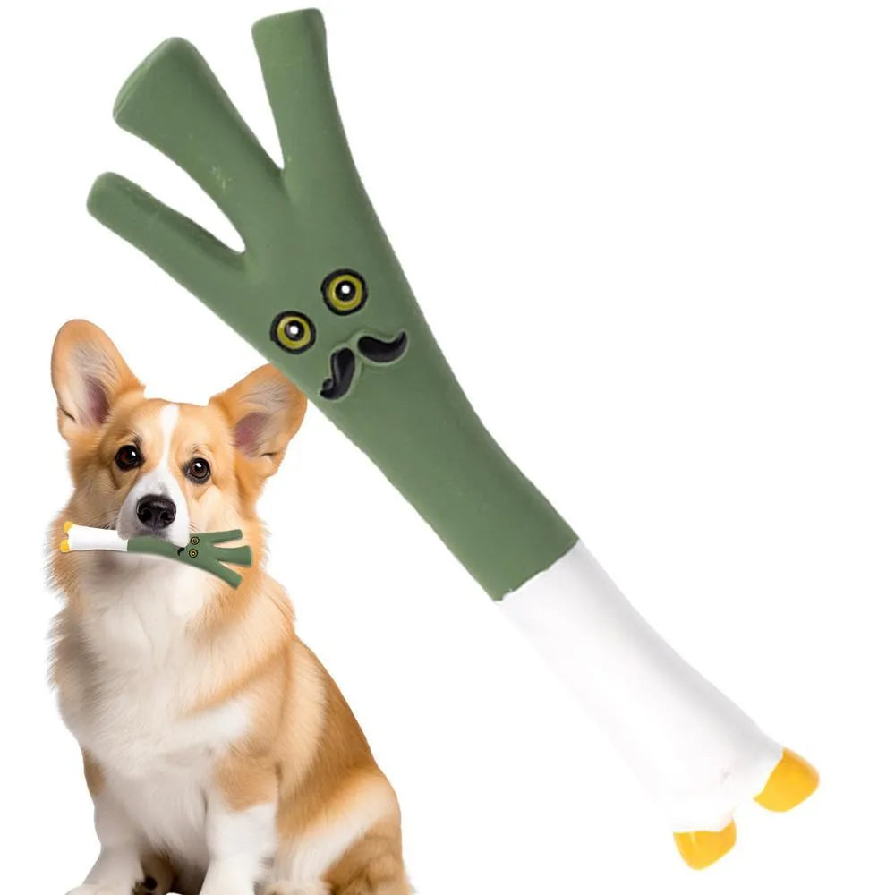 Latex vegetable dog chew toys showing cartoon onion and eggplant designs in green, orange and purple colours