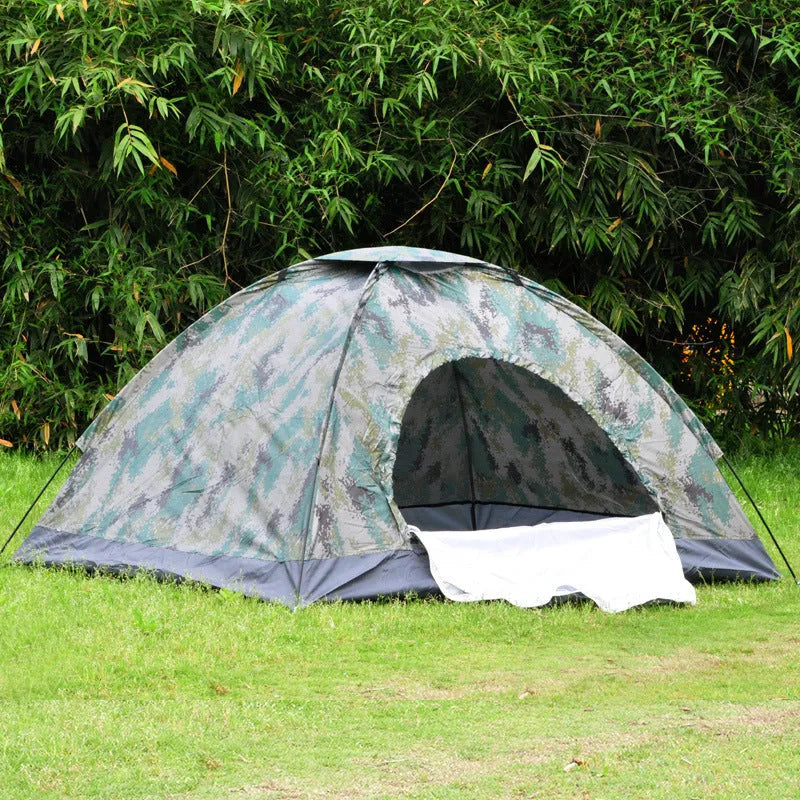 Green camouflage camping tent with steel ground nails and breathable mesh windows