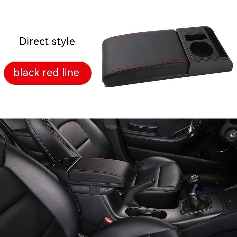 Universal car centre console armrest cover with height increase in black PU leather with red cord detailing