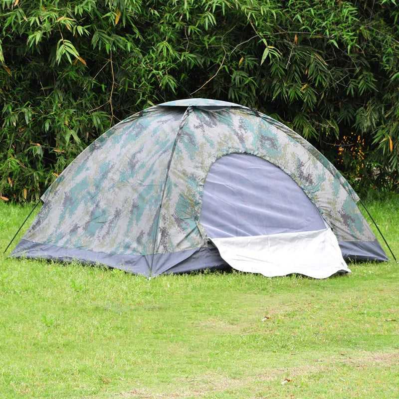 Green camouflage camping tent with steel ground nails and breathable mesh windows