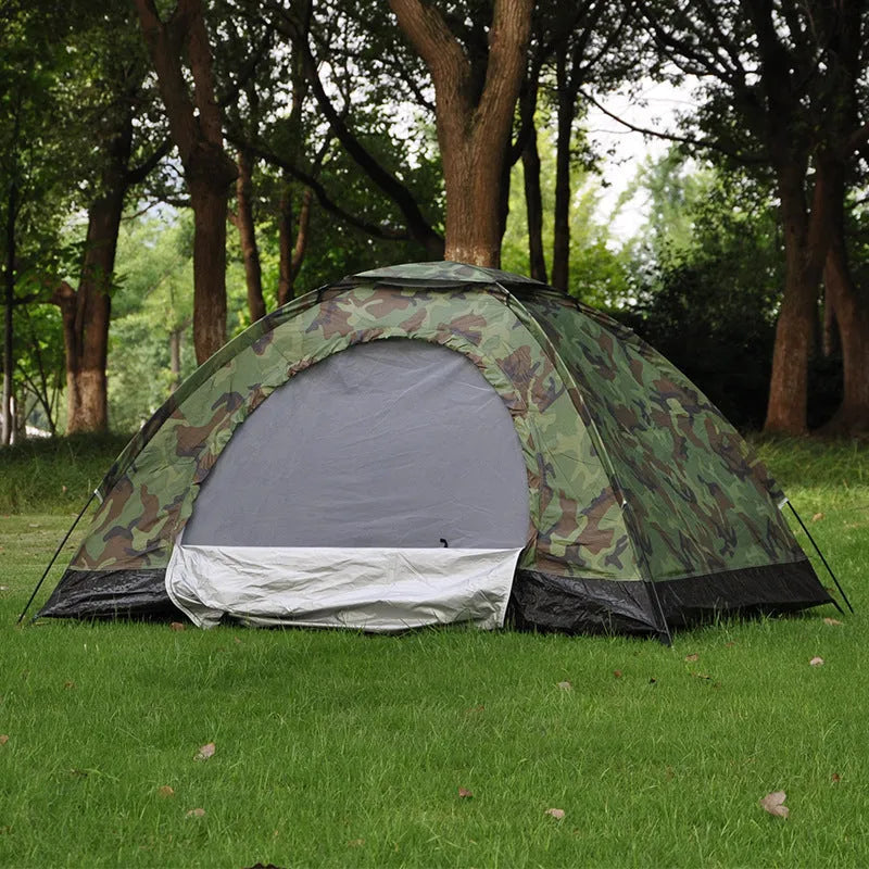 Green camouflage camping tent with steel ground nails and breathable mesh windows