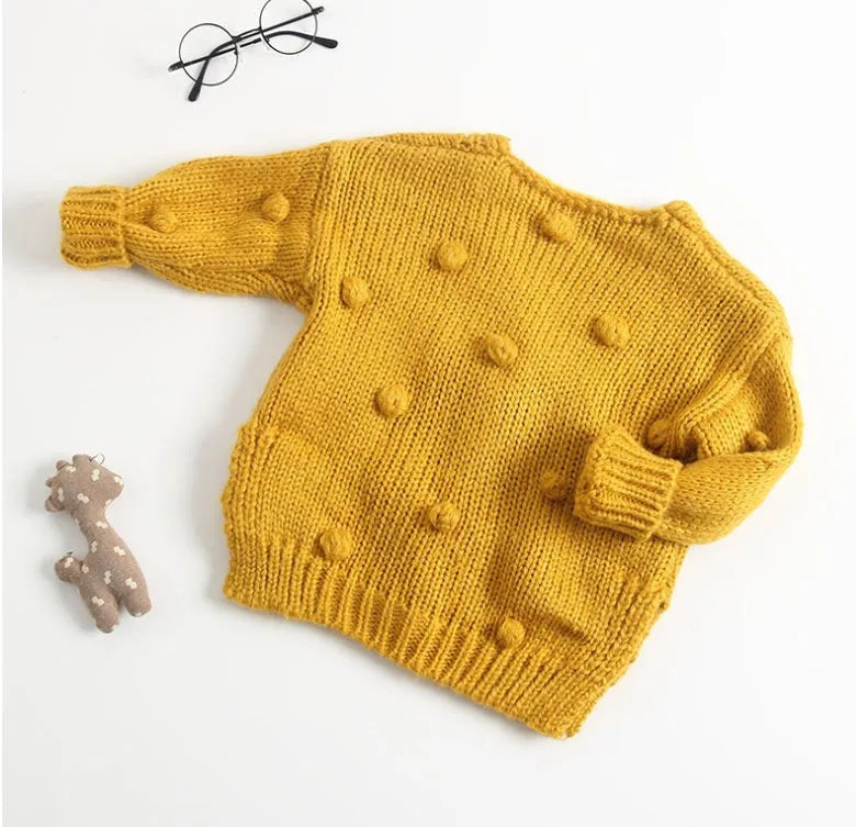 Baby girl soft knit pullover sweater in brown pink and yellow colours for toddlers sized 73cm to 100cm