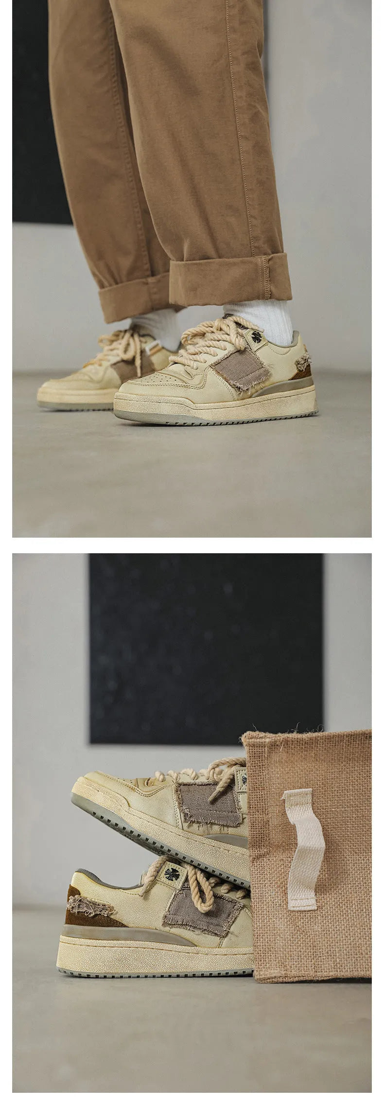 Beige vintage style low top skateboard shoes with flat rubber sole and lace-up front.